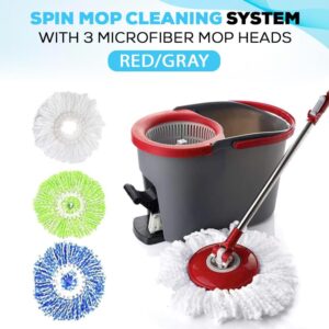 Home spin mop cleaning system with 3 microfiber mop heads red/black